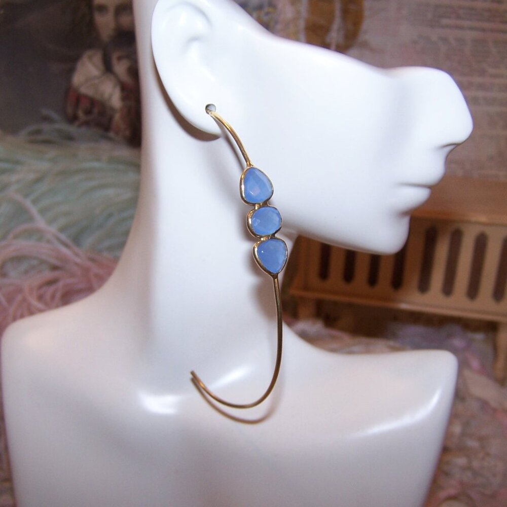 Sterling Silver Vermeil Faceted Blue Chalcedony 1/2 Hoop Earrings - Posts w/Nuts